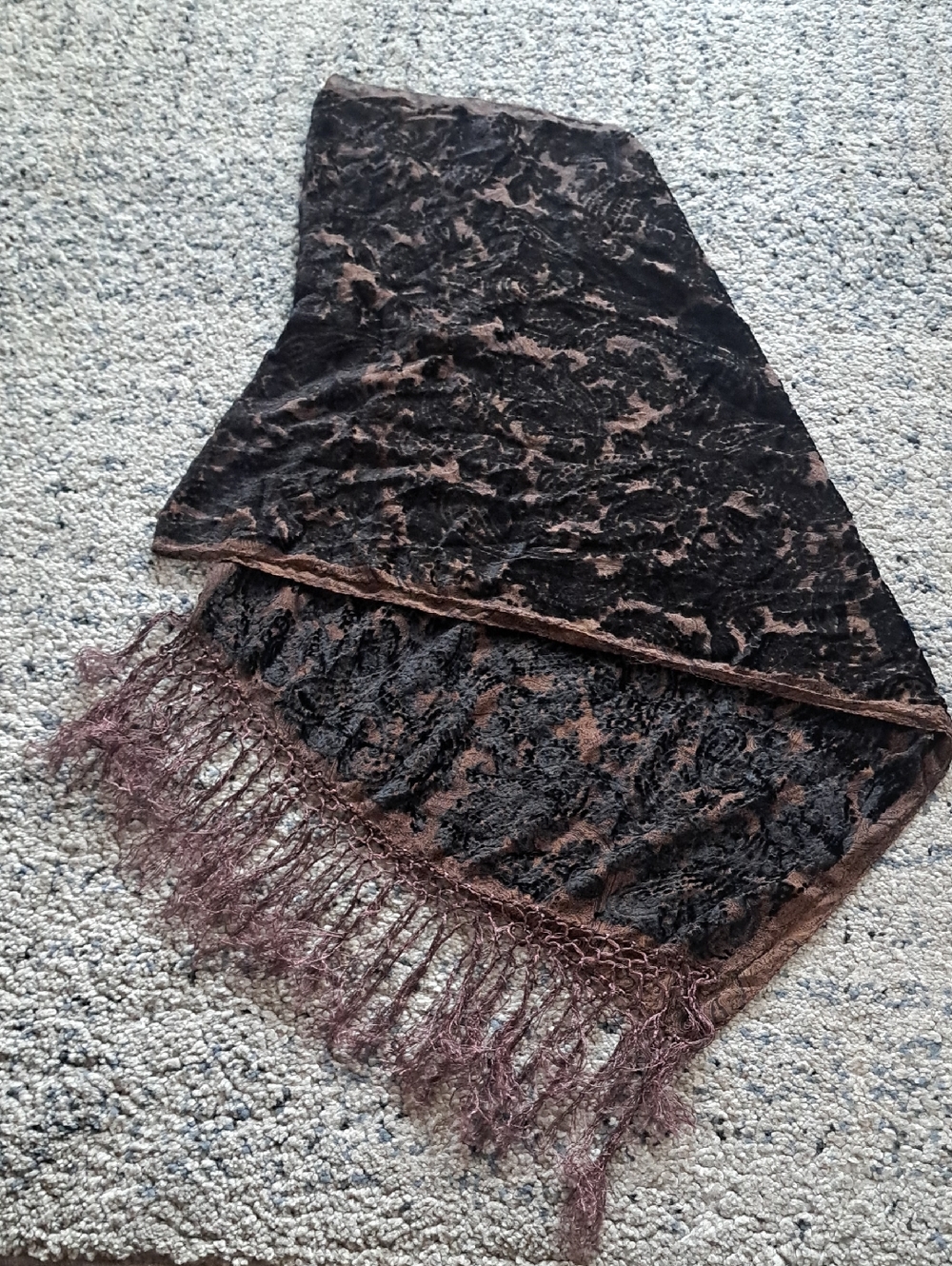 100% Silk Elegant Black and Brown Lace Fringe Scarf